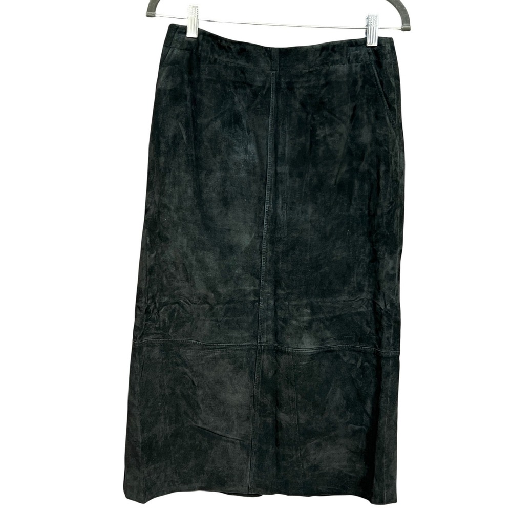 Northern Isles Black Suede Leather Midi Pencil Skirt Pockets Sz 8 Vintage Style